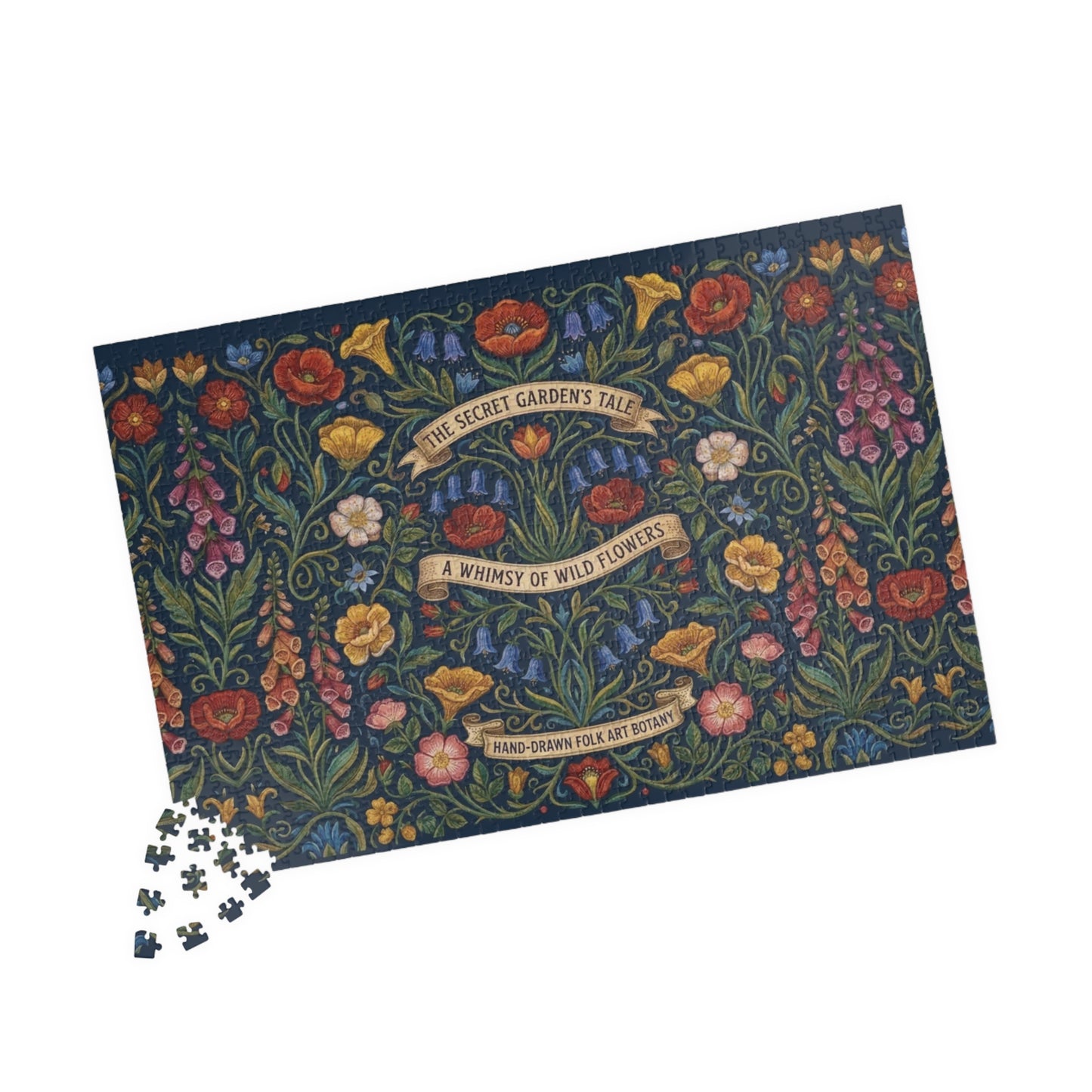 The Secret Garden Tale floral illustration Puzzle | wildflower folk art 110, 252, 520, or 1014 piece jigsaw