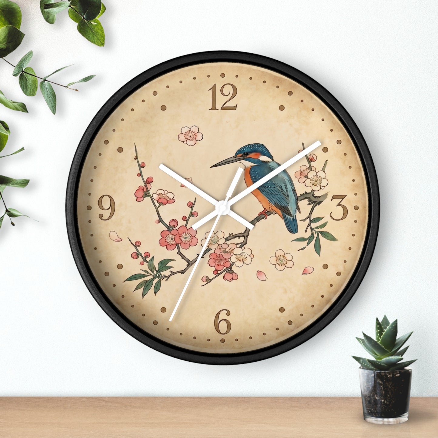 Kingfisher on Cherry Blossom Wall Clock | Kacho-ga Vintage Japanese Bird Floral Clock