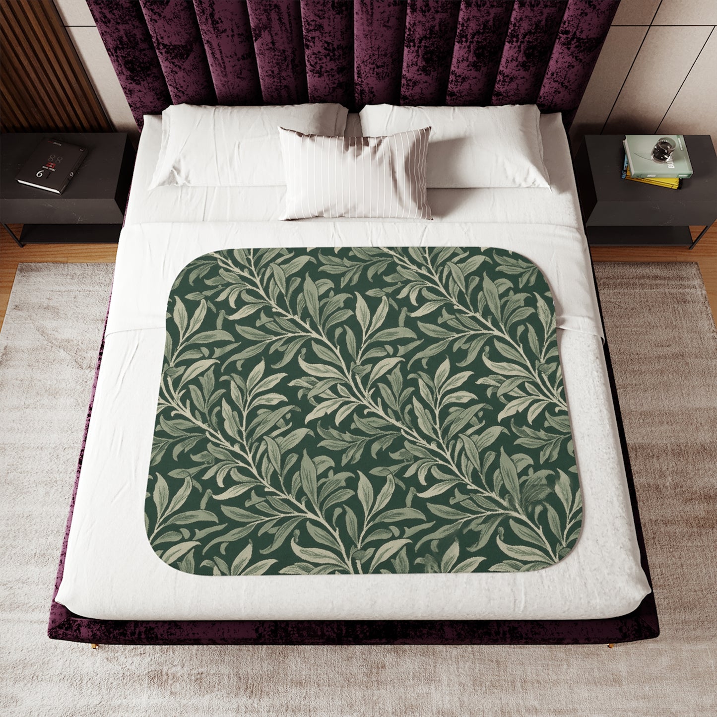 Green Botanical Olive Leaf Pattern Sherpa Blanket | Leaf Vine Throw