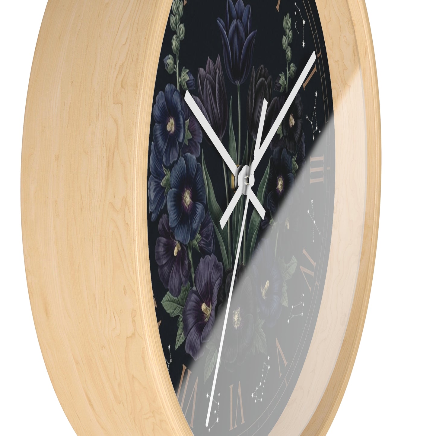 Midnight Violet Florals Wall Clock | Roman Numerals, Constellation Accents