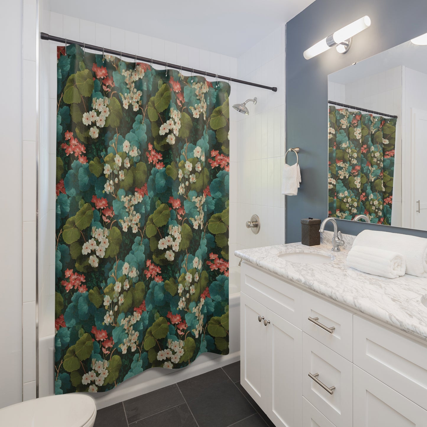 Vintage Botanical Floral Shower Curtain | Green Teal Foliage Pattern