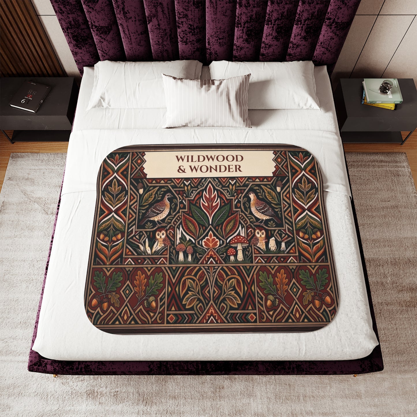 Autumn Bird and Botanical Pattern Sherpa Blanket, Personalized Text