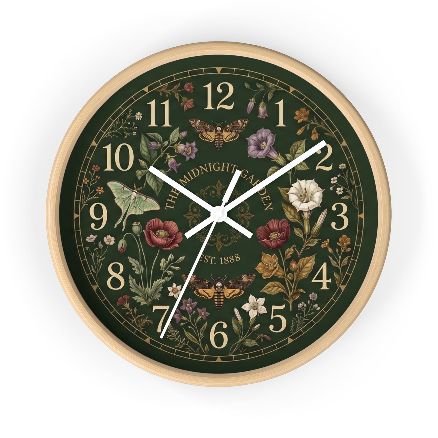 Vintage Floral Garden Clock | Botanical Wall Clock, Dark Green Floral Design