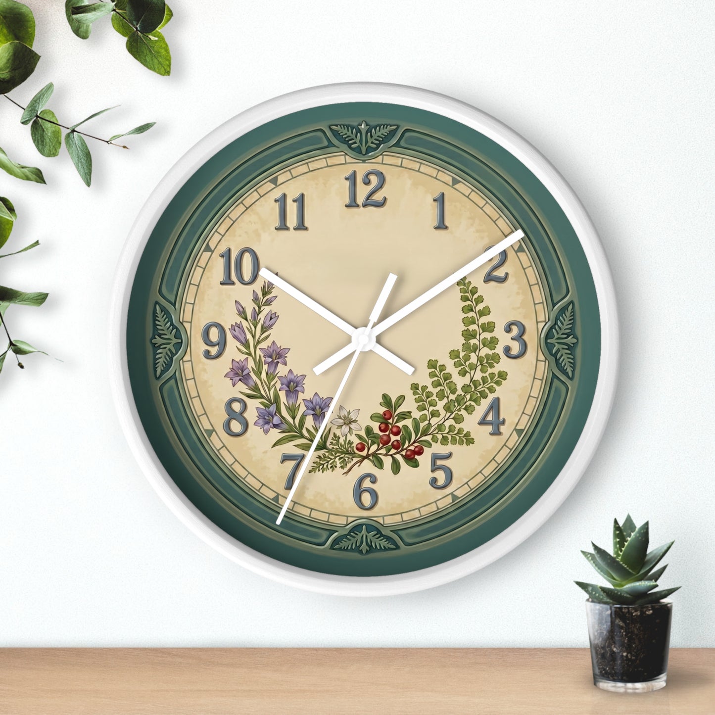 Coastal Turquoise Botanical Wall Clock | Lavender, Fern & Berries Clock