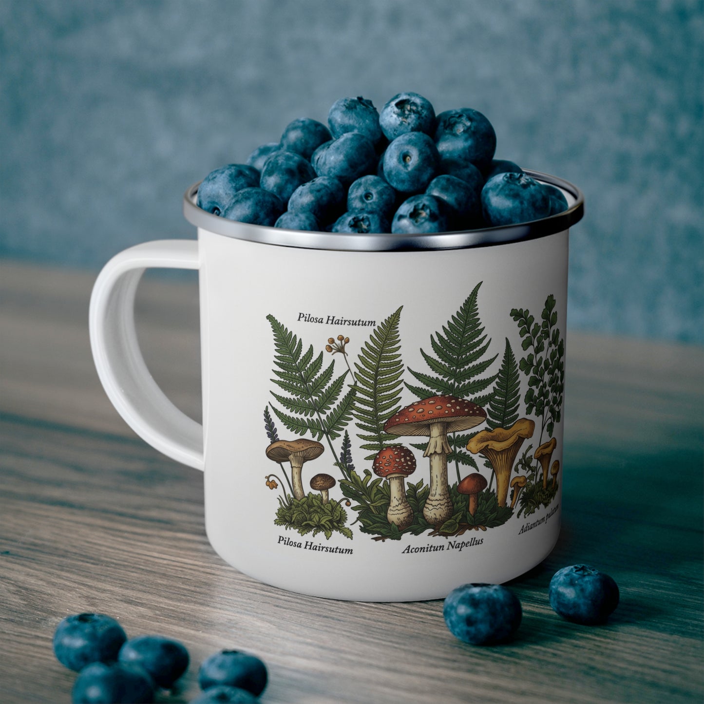 Vintage Botanical Mushroom Illustration Enamel Camping Mug | Ferns & Fungi