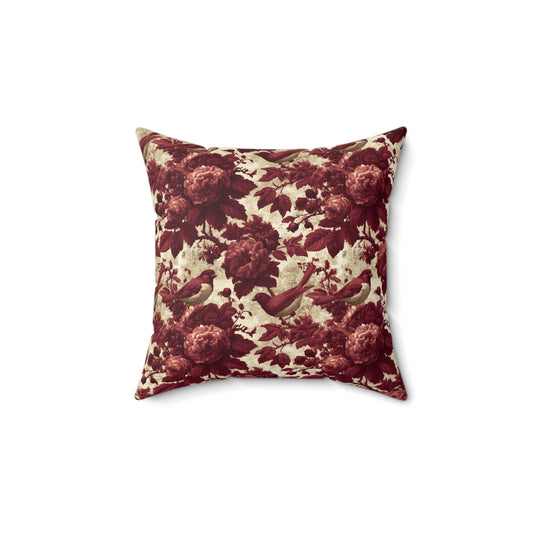 Floral Toile de Jouye Bird Throw Pillow — Vintage Burgundy Rose Decorative Square Pillow