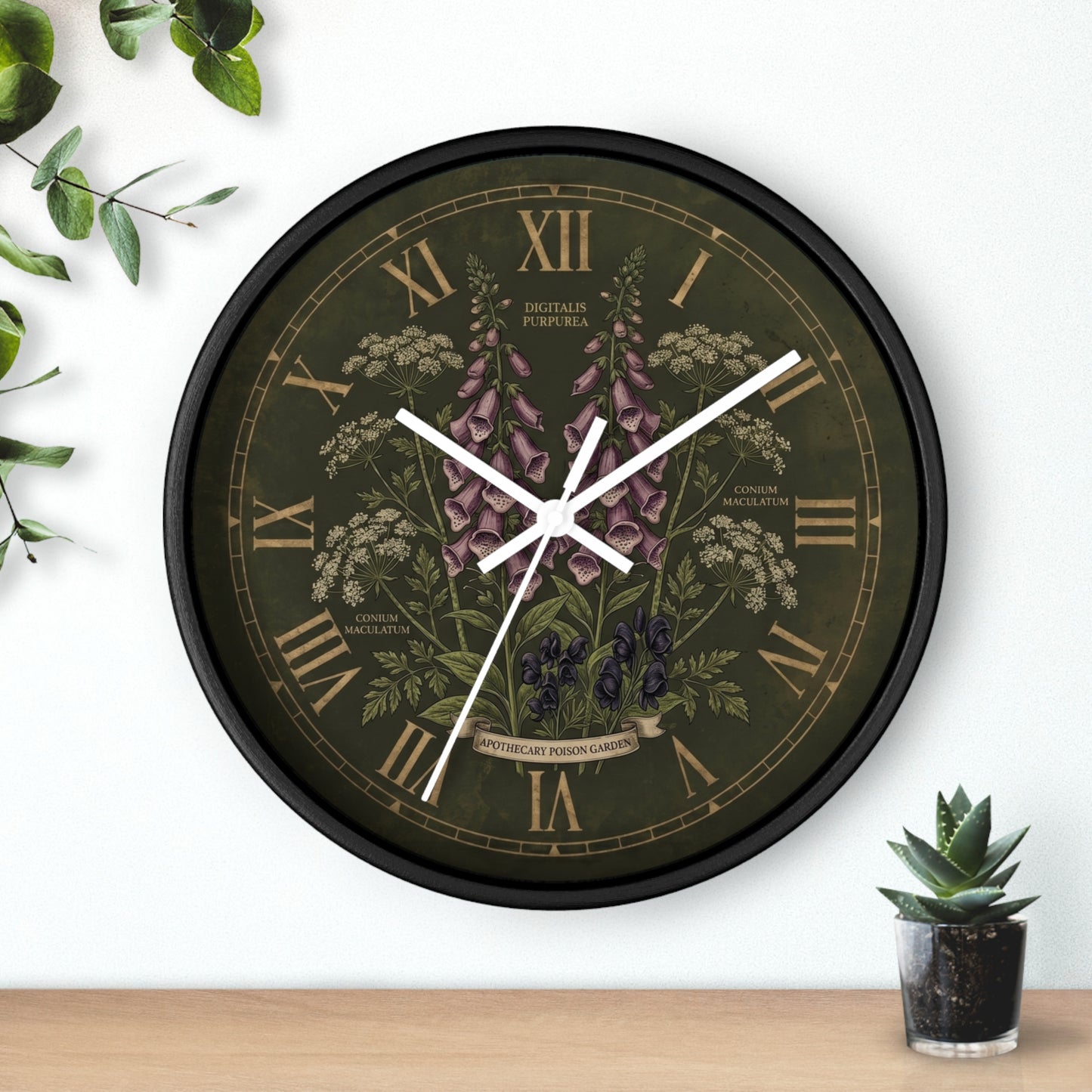 Vintage Botanical Foxglove Wall Clock | Apothecary Poison Garden, Roman Numerals, Dark Green Floral