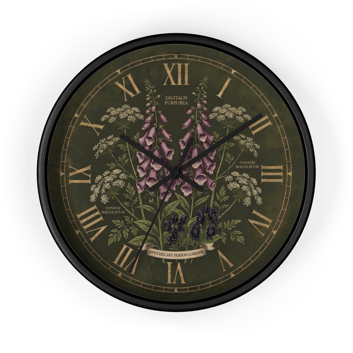 Vintage Botanical Foxglove Wall Clock | Apothecary Poison Garden, Roman Numerals, Dark Green Floral