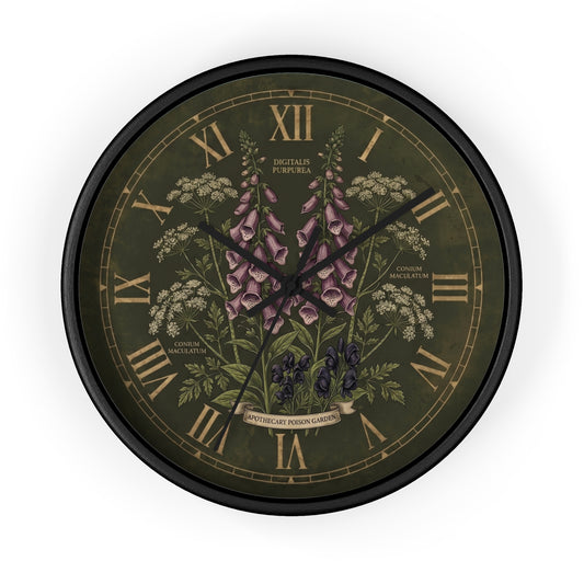 Vintage Botanical Foxglove Wall Clock | Apothecary Poison Garden, Roman Numerals, Dark Green Floral