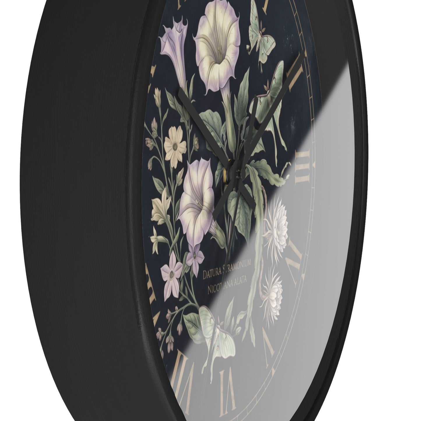Datura Stramonium Illustration  Wall Clock | Vintage Botanical Floral, Roman Numerals, Dark Background