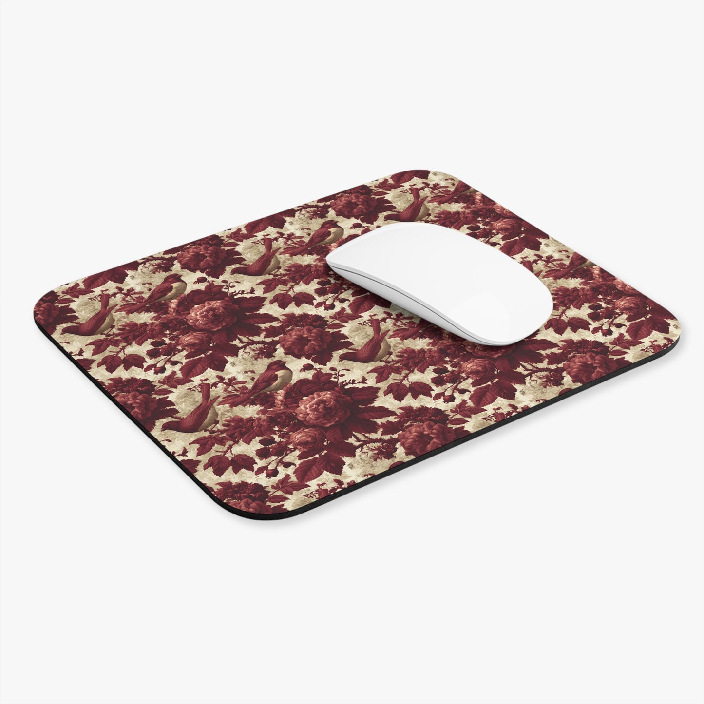 Vintage Rose & Bird Mouse Pad — Burgundy Floral Desk Mat