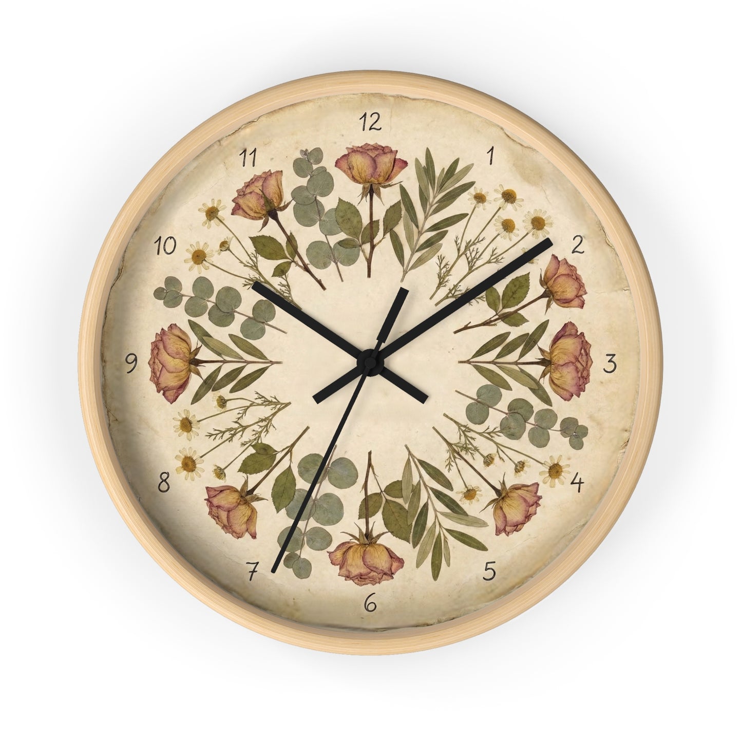 Vintage Dried Roses Wall Clock | Floral Botanical Eucalyptus Design