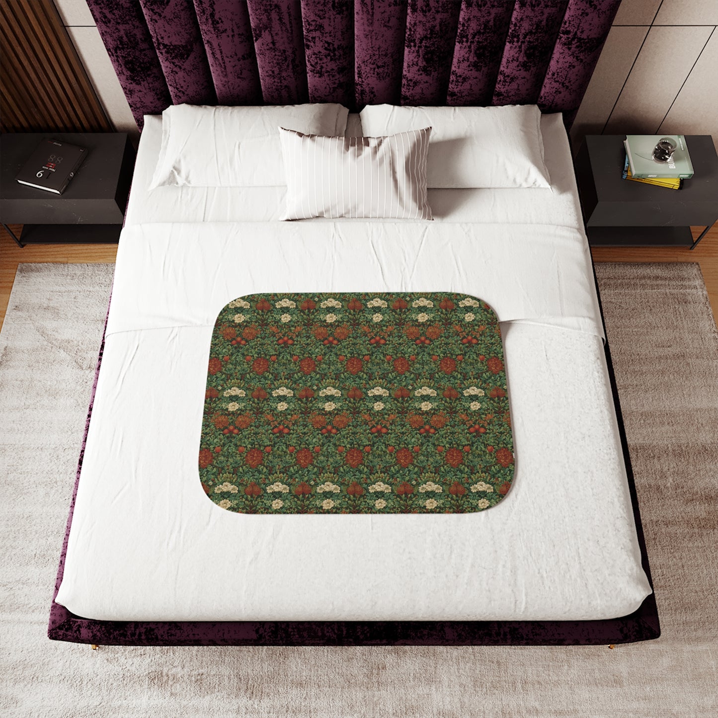 Vintage William Morris Style Floral Pattern Sherpa Blanket | Cozy Retro Botanical Throw