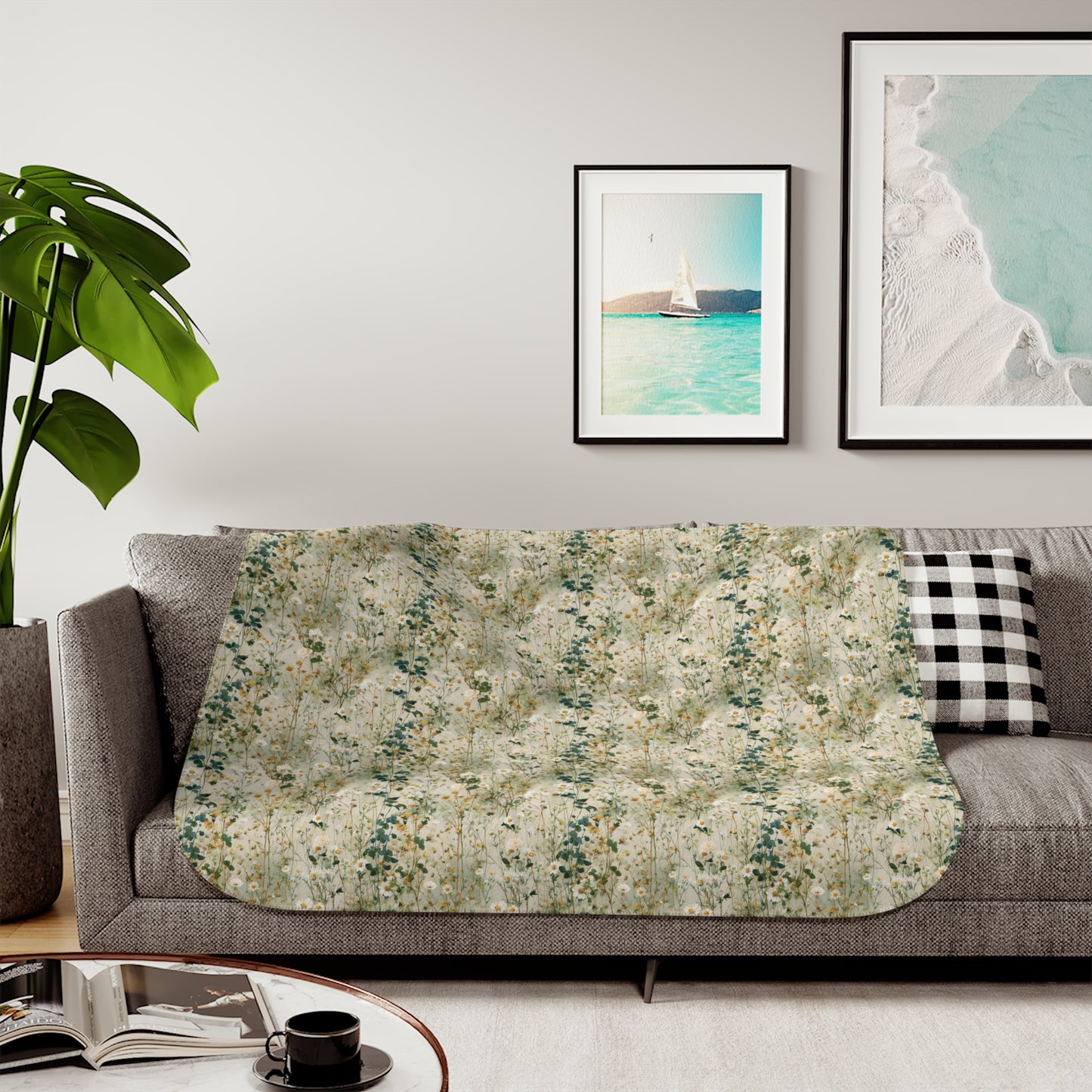 Vintage Wildflower Floral Pattern Sherpa Blanket | Neutral Botanical Throw