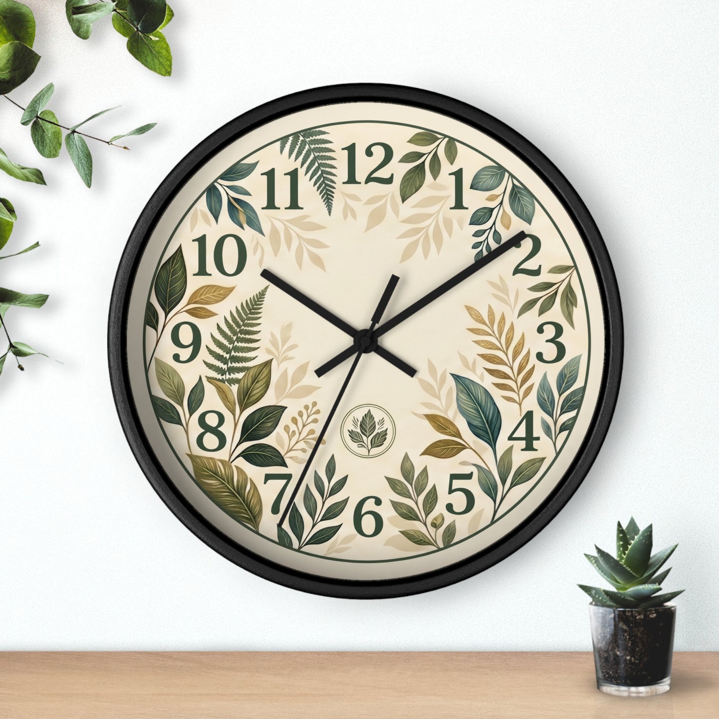 Botanical Leaves Wall Clock | Green Foliage Numbers, Neutral Rustic Decor