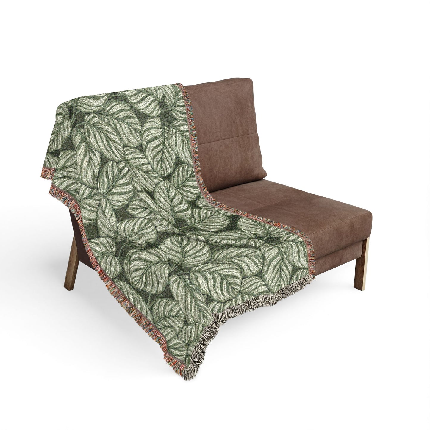 Green Leaf Calathea Orbifolia Pattern Woven Blanket | Botanical Throw, Fringe Edge
