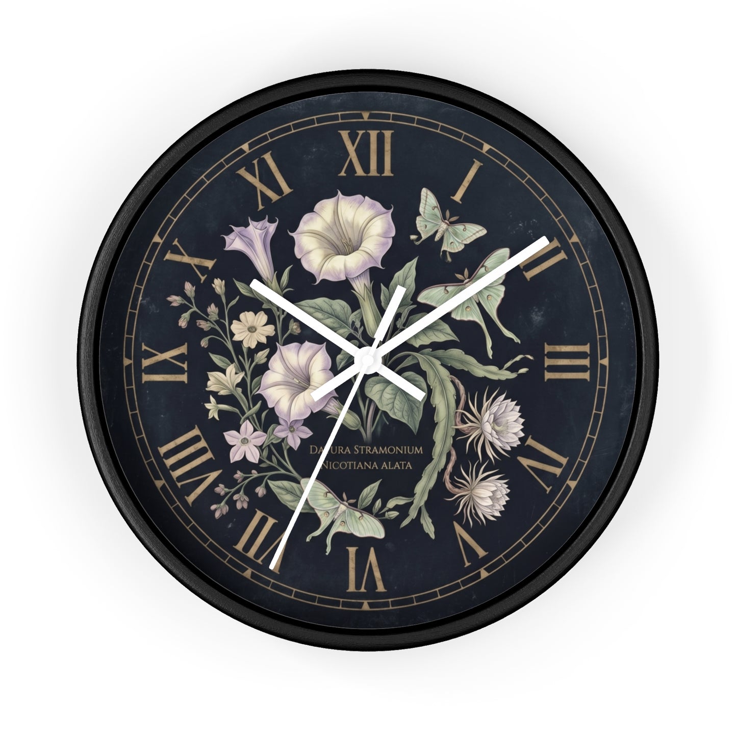 Datura Stramonium Illustration  Wall Clock | Vintage Botanical Floral, Roman Numerals, Dark Background