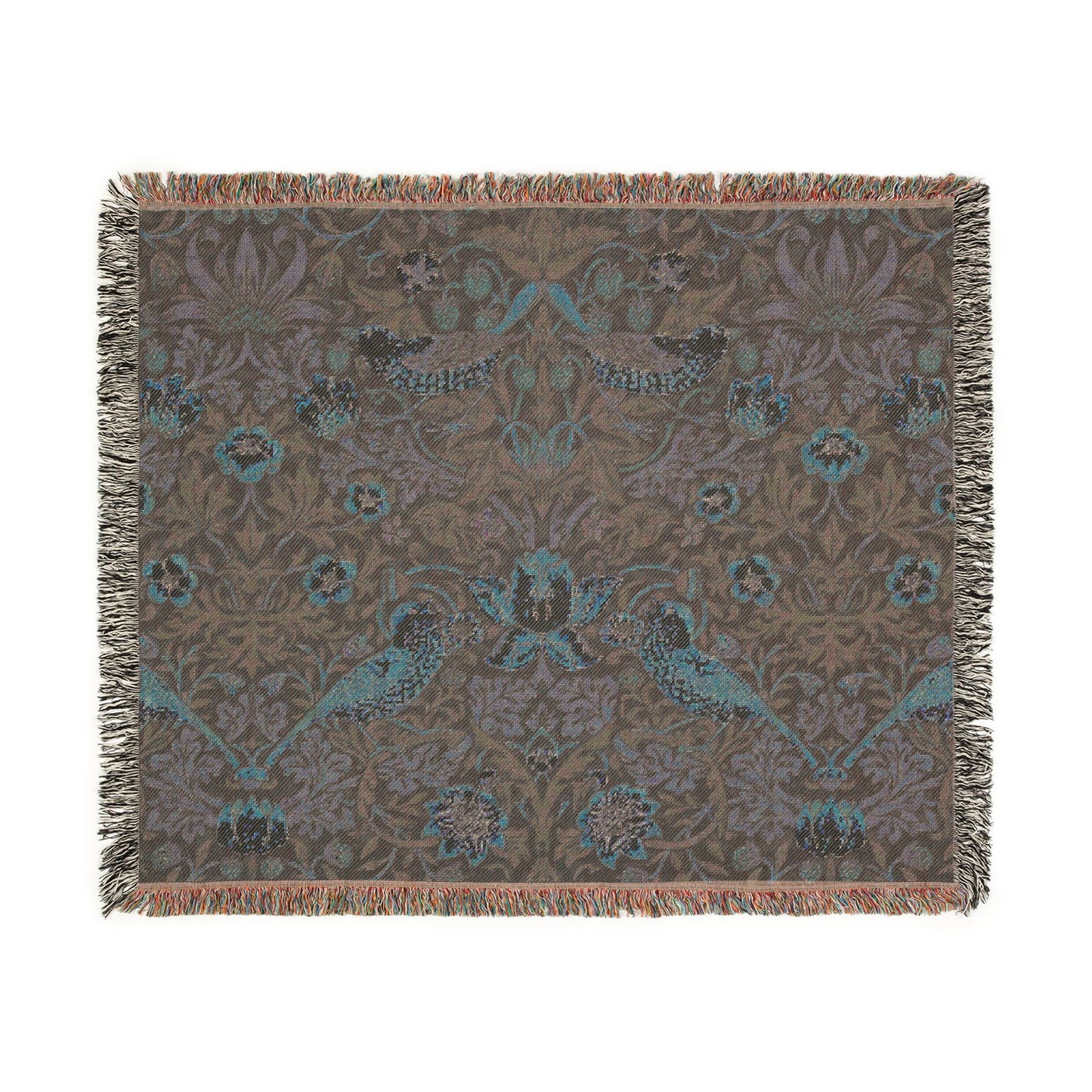 William Morris Style Bird and Floral Woven Blanket | Tapestry Throw