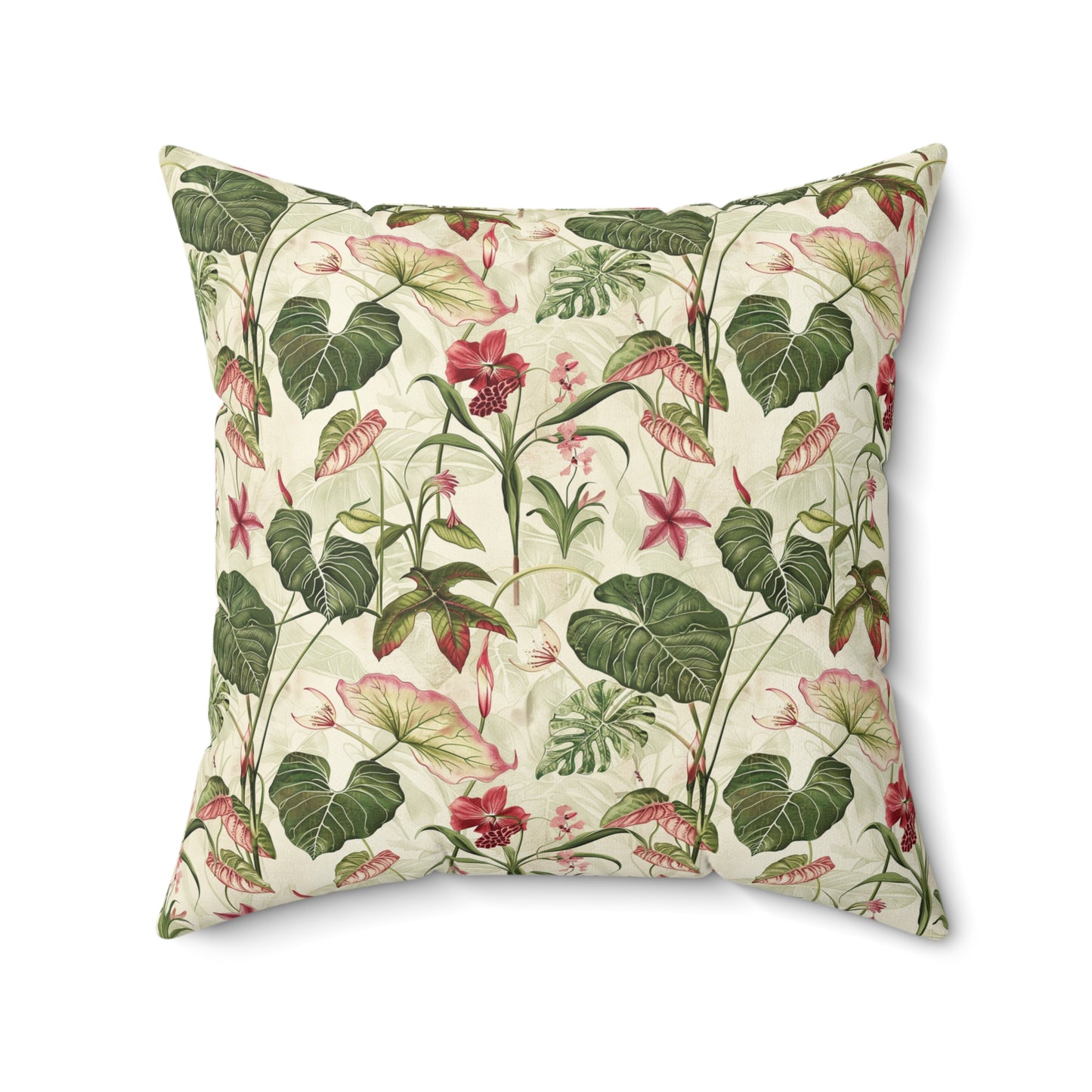 Vintage Botanical Floral Pattern Pillow | Tropical Leaves, Pink Flowers