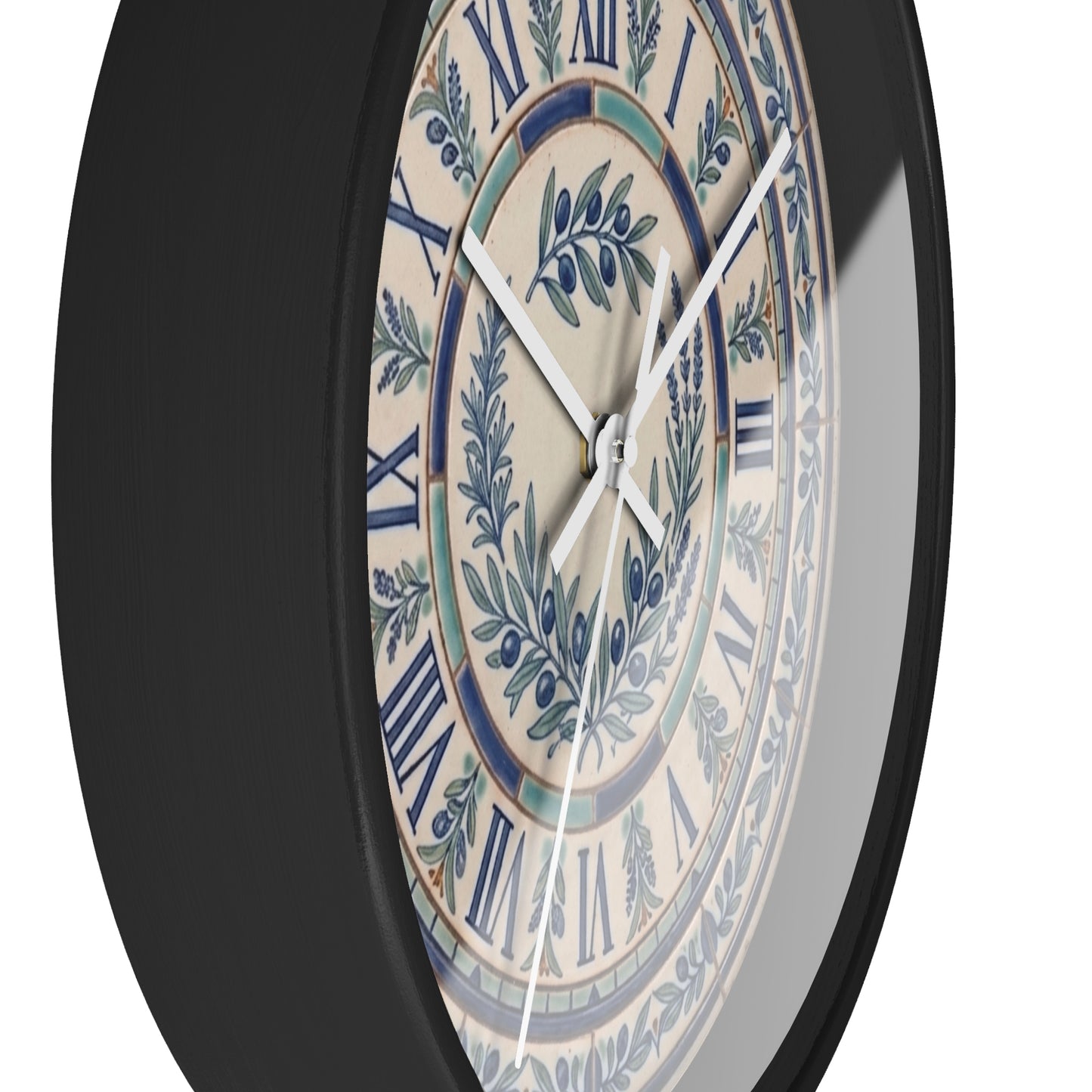Blue Olive Wreath Wall Clock | Roman Numerals, Ceramic Tile Style