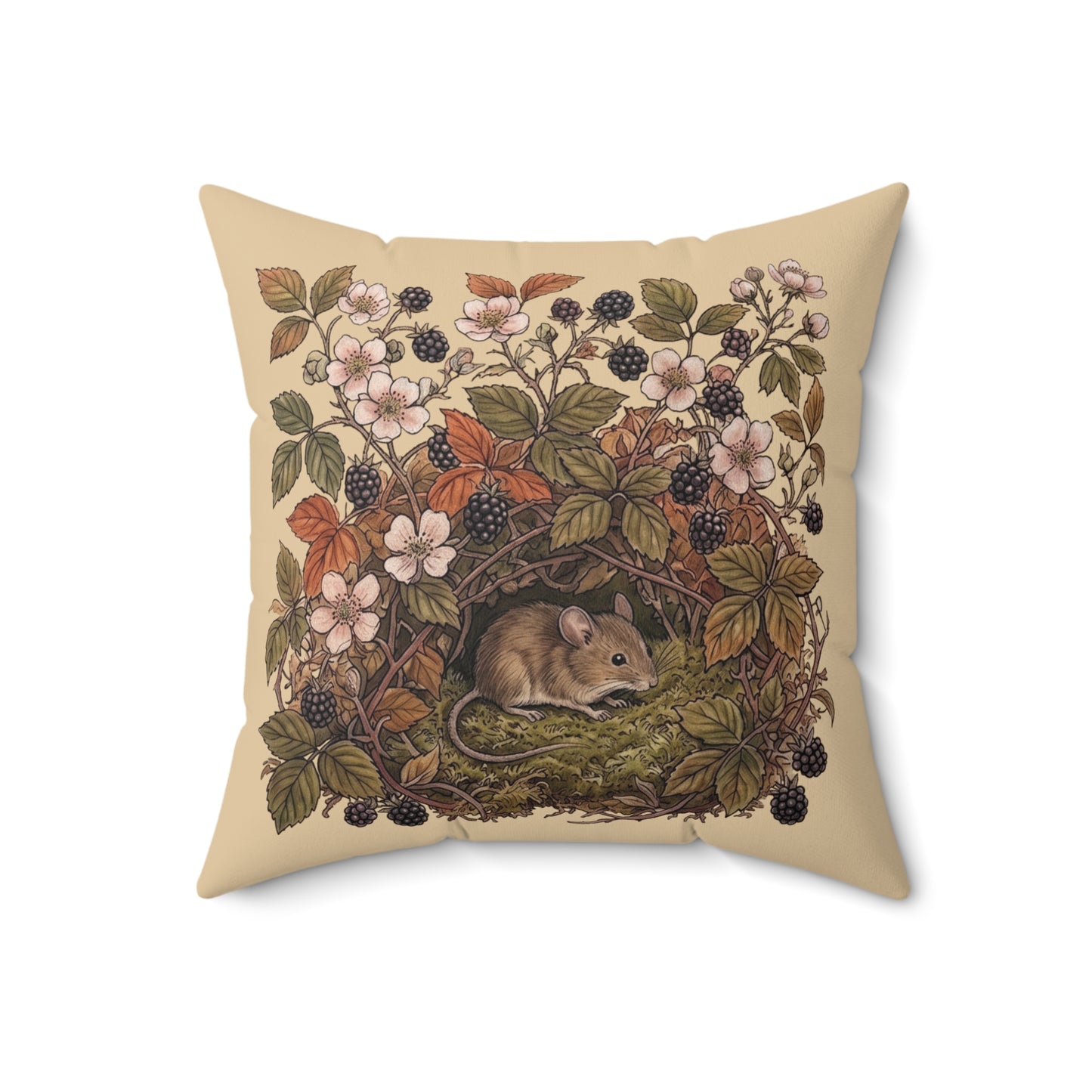 Woodland Mouse Nest Pillow | Vintage Botanical Brambles Illustration