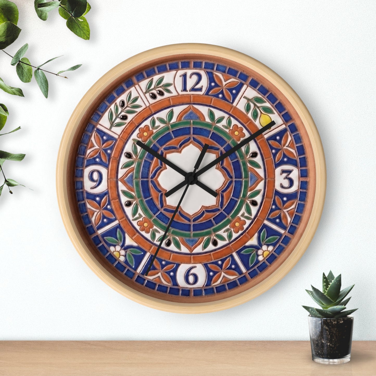 Mediterranean Mosaic Style Wall Clock - Terracotta Azure Blue Floral Faux Tile Botanical Decor