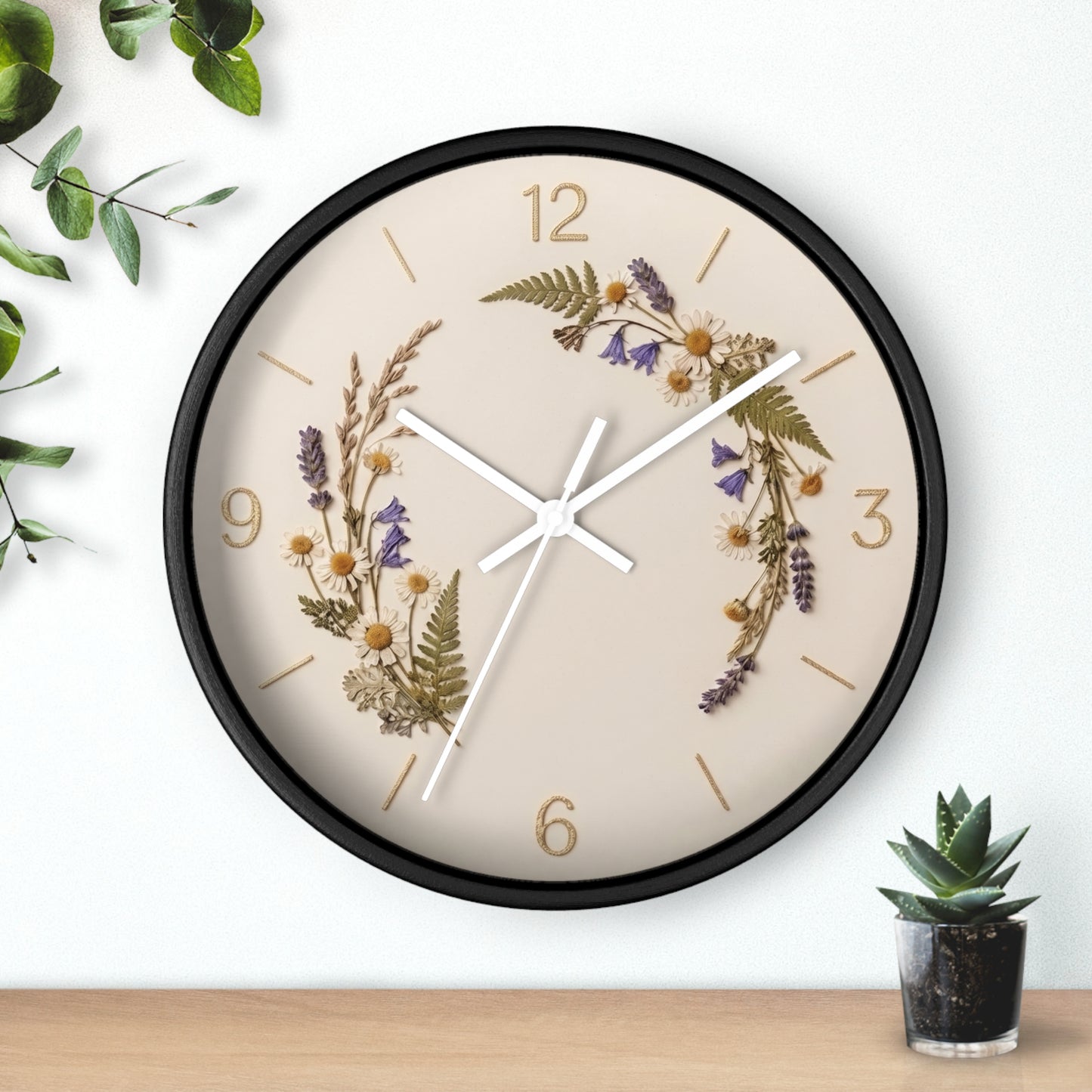Wildflower Wreath Minimalist Wall Clock | Botanical Floral Timepiece