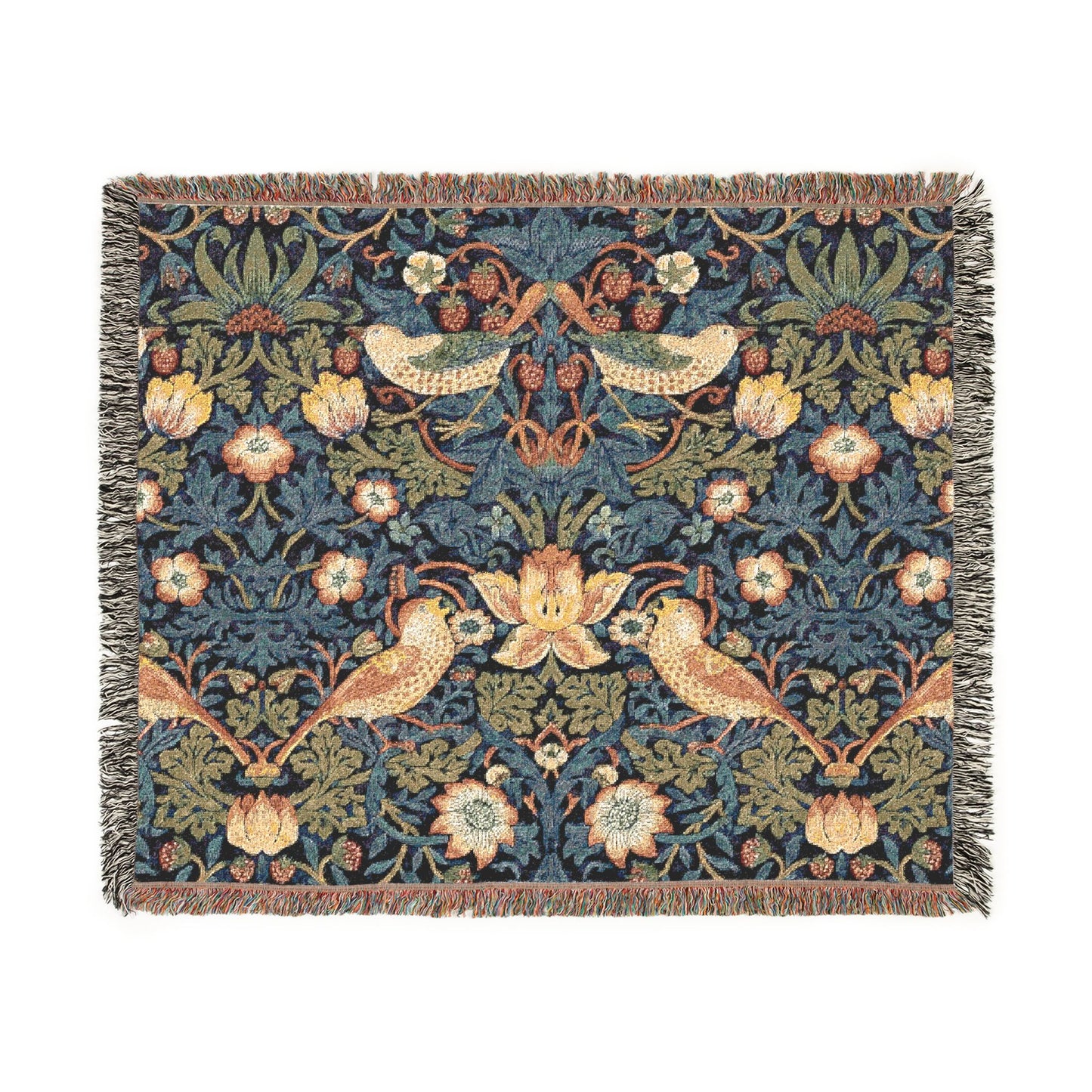 William Morris Style Bird and Floral Woven Blanket | Tapestry Throw