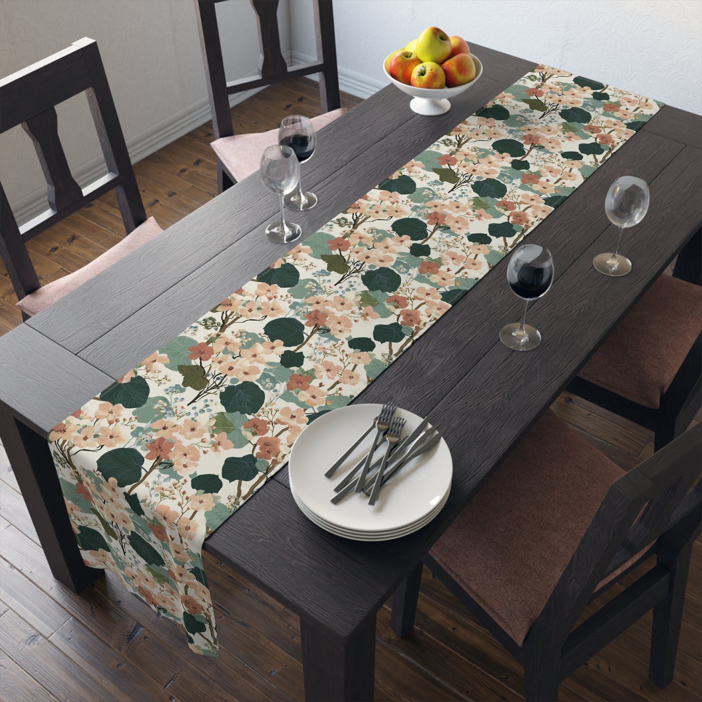 Vintage Floral Pattern Table Runner | Green Peach Cotton-Poly Blend