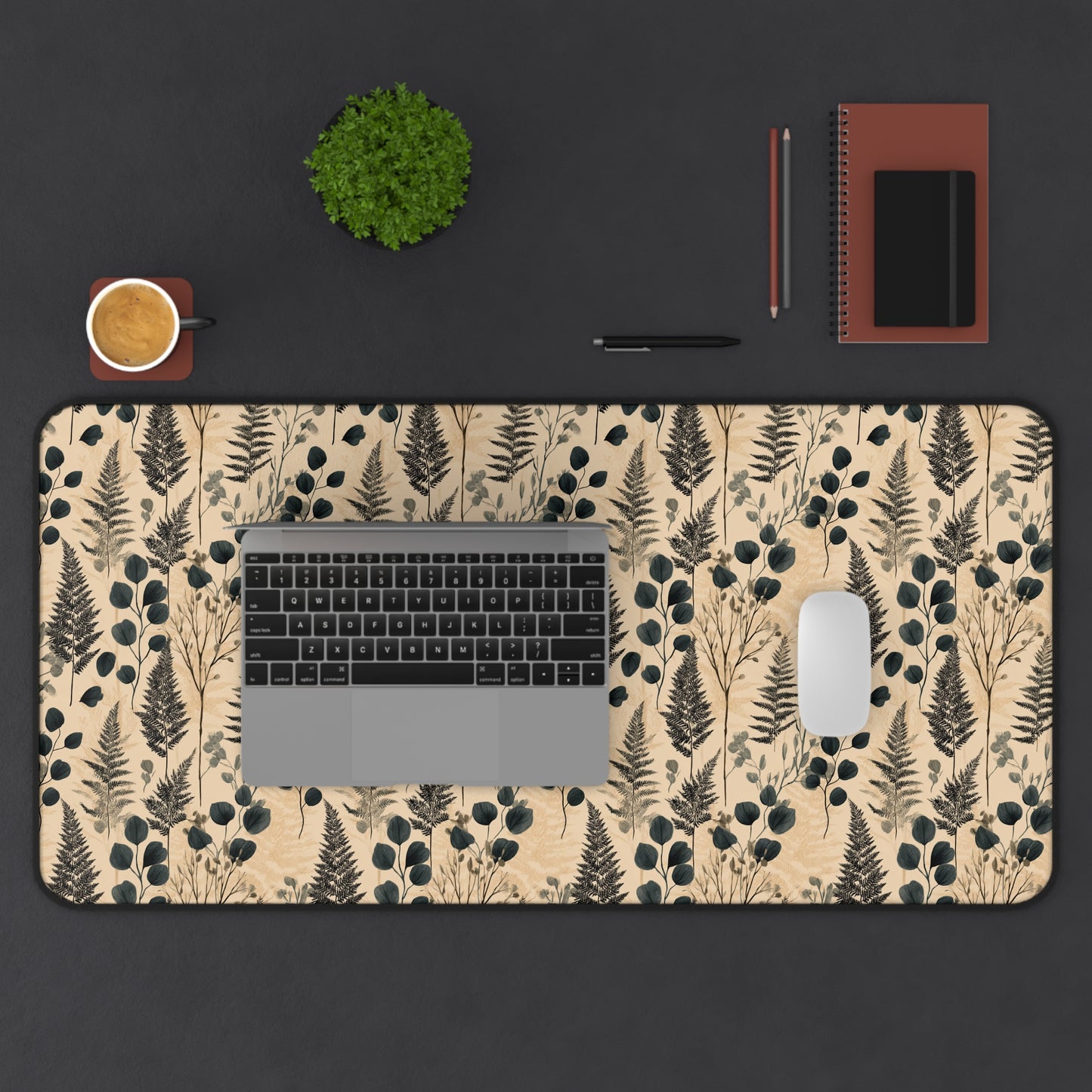 Botanical Fern and Berries Desk Mat | Neutral Floral Pattern