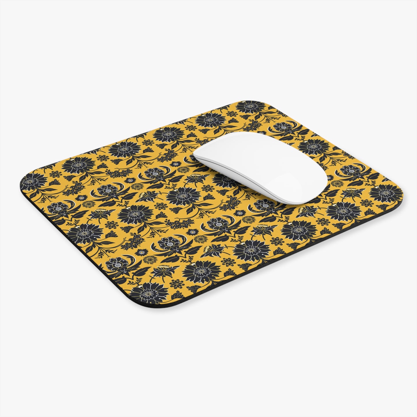 Black Damask Floral Pattern Mouse Pad | Yellow Background, Rectangle