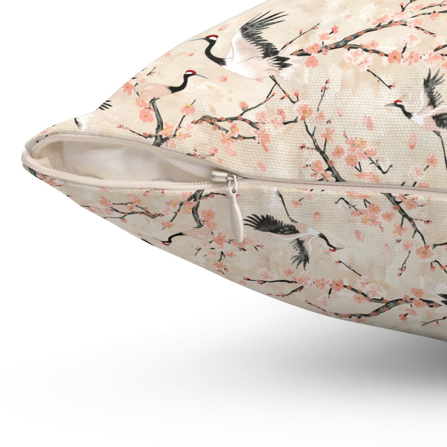 Cherry Blossom Crane Pillow | Floral Japanese Stork Pattern Square Pillow