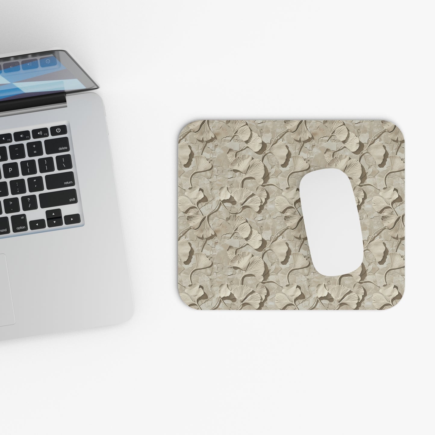 Neutral Ginkgo Leaf Pattern Mouse Pad | Beige Botanical Desk Mat