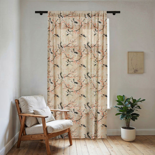 Cherry Blossom Stork Sheer Window Curtain | Floral Spring Pattern