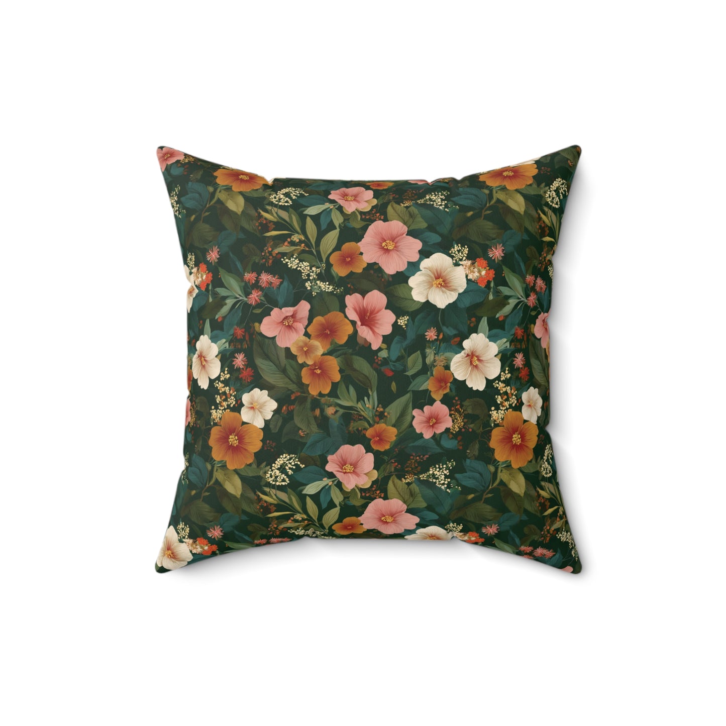 Vintage Floral Pattern Square Pillow | Dark Green Pink Orange Blossoms