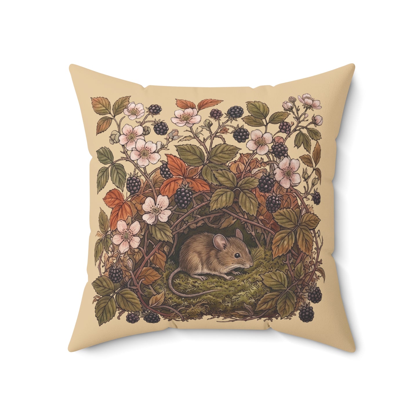 Woodland Mouse Nest Pillow | Vintage Botanical Brambles Illustration