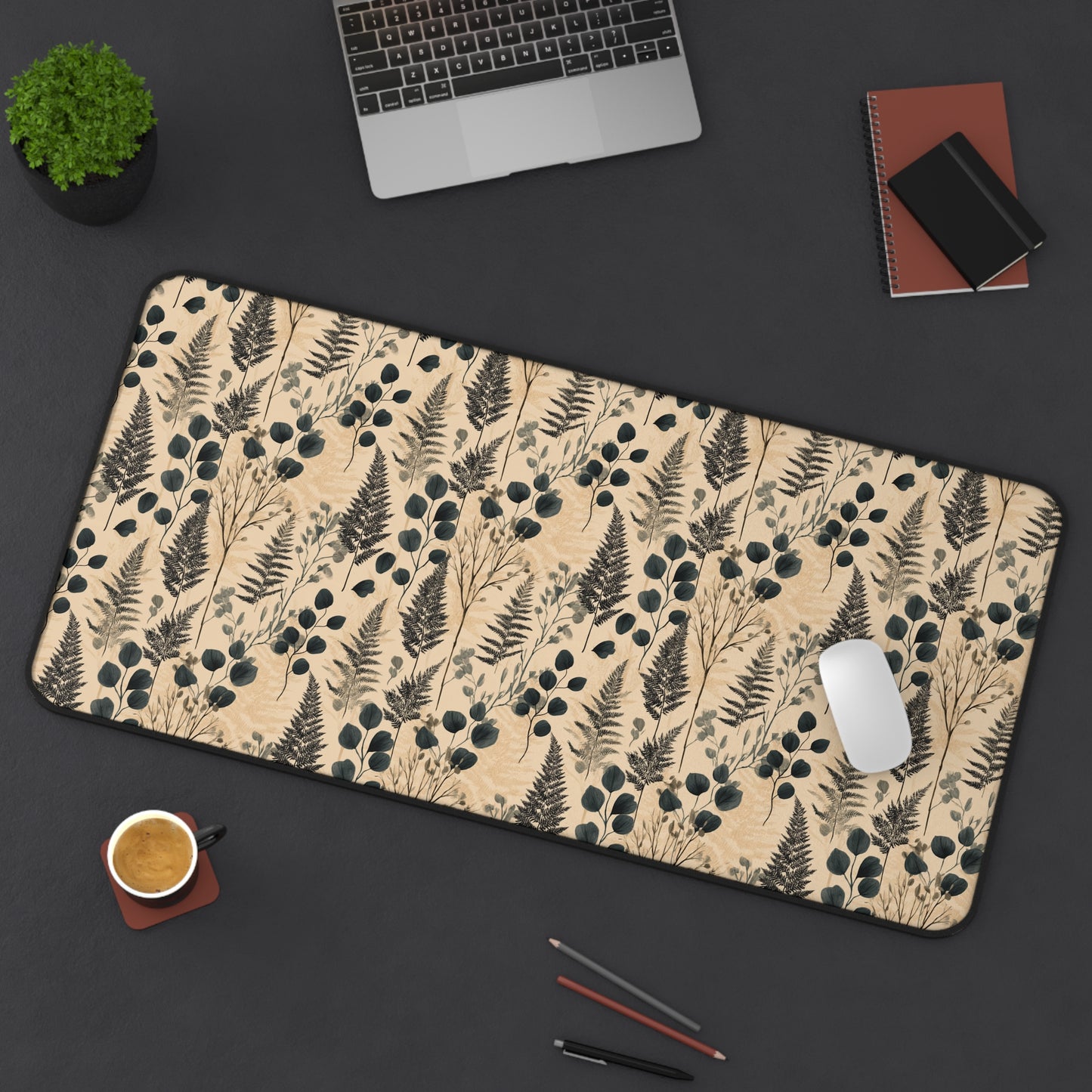 Botanical Fern and Berries Desk Mat | Neutral Floral Pattern