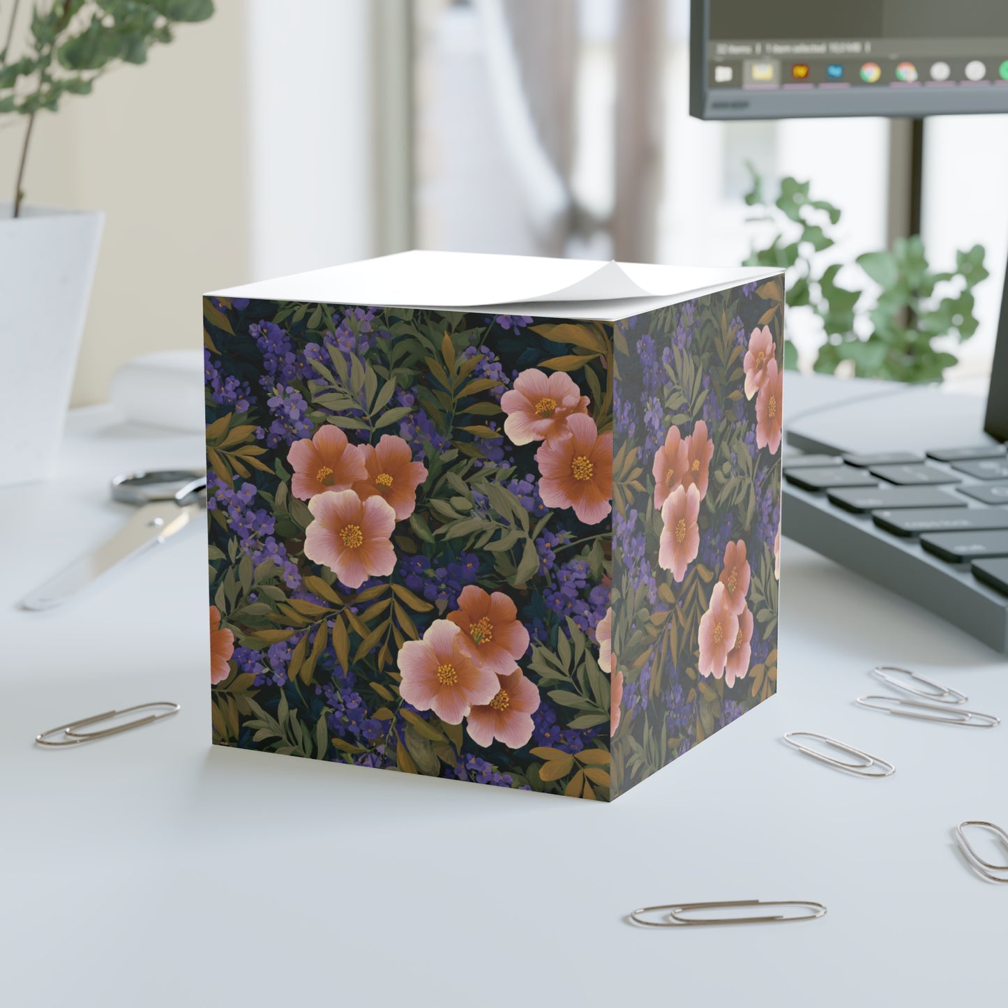 Peach Floral Pattern Note Cube | Floral Sticky Notes