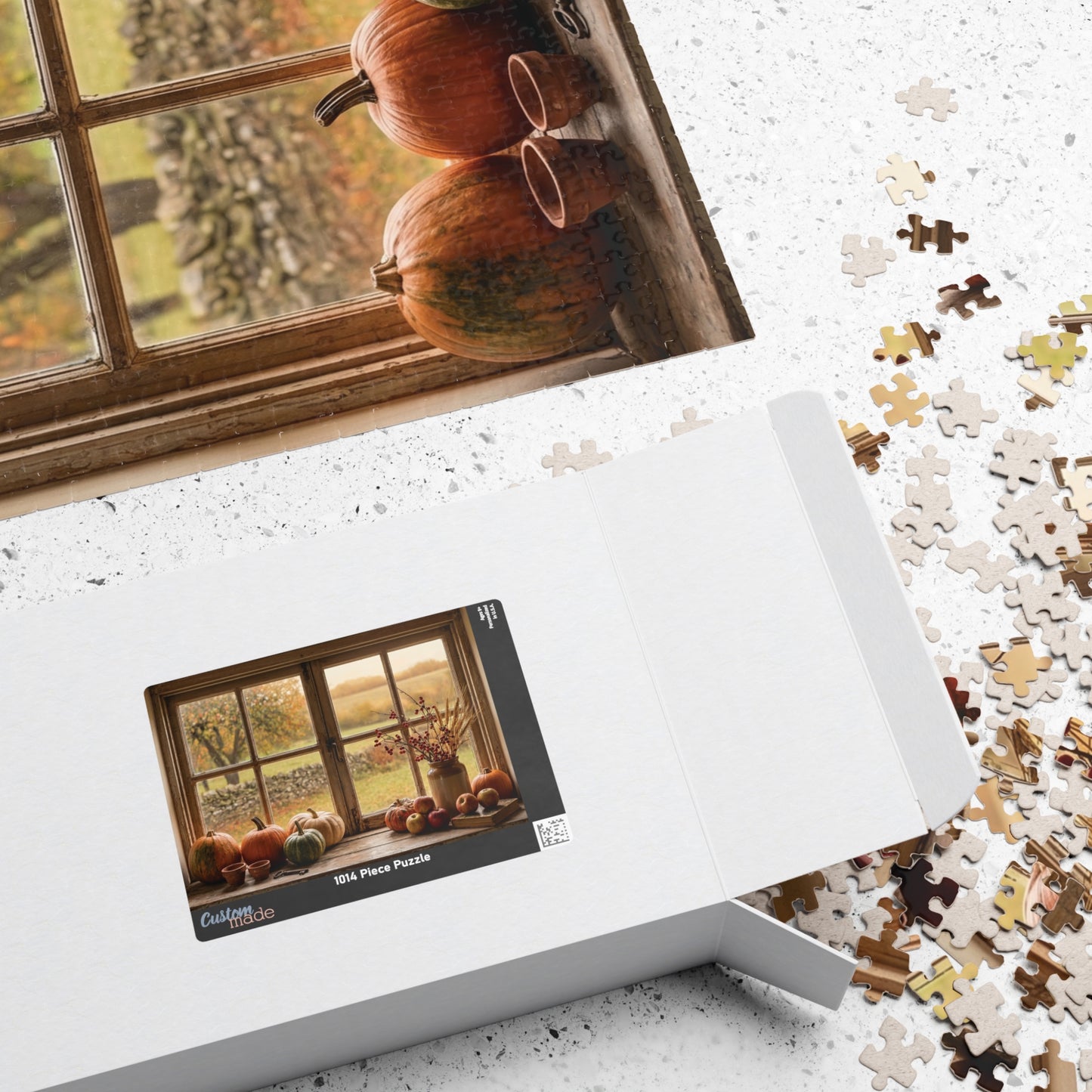 Autumn Harvest Window Puzzle 110, 252, 520, or 1014 Pieces | Fall Pumpkins Apples Still Life