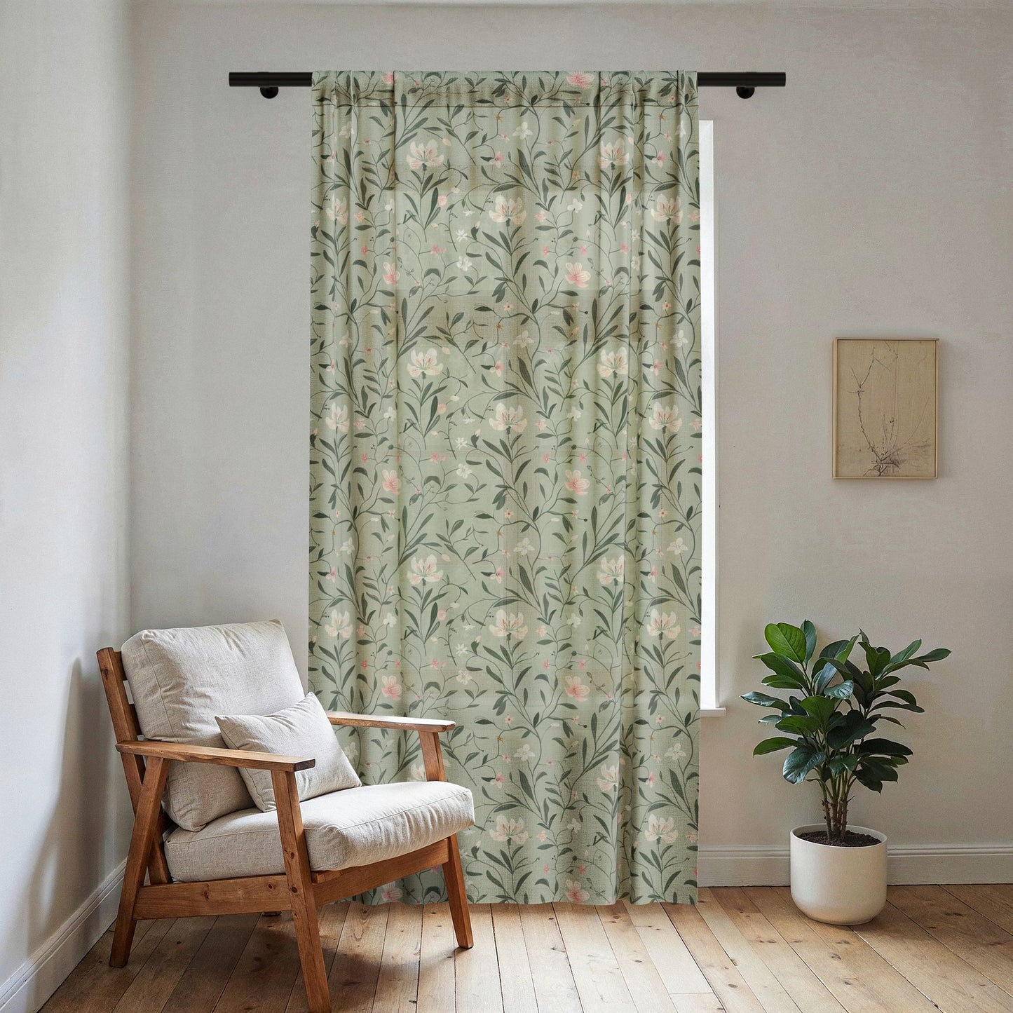 Botanical Floral Sheer Window Curtain | Green Vine Pattern