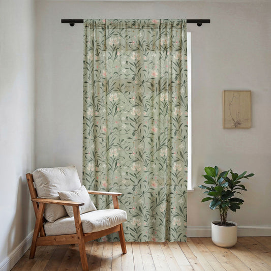 Botanical Floral Sheer Window Curtain | Green Vine Pattern