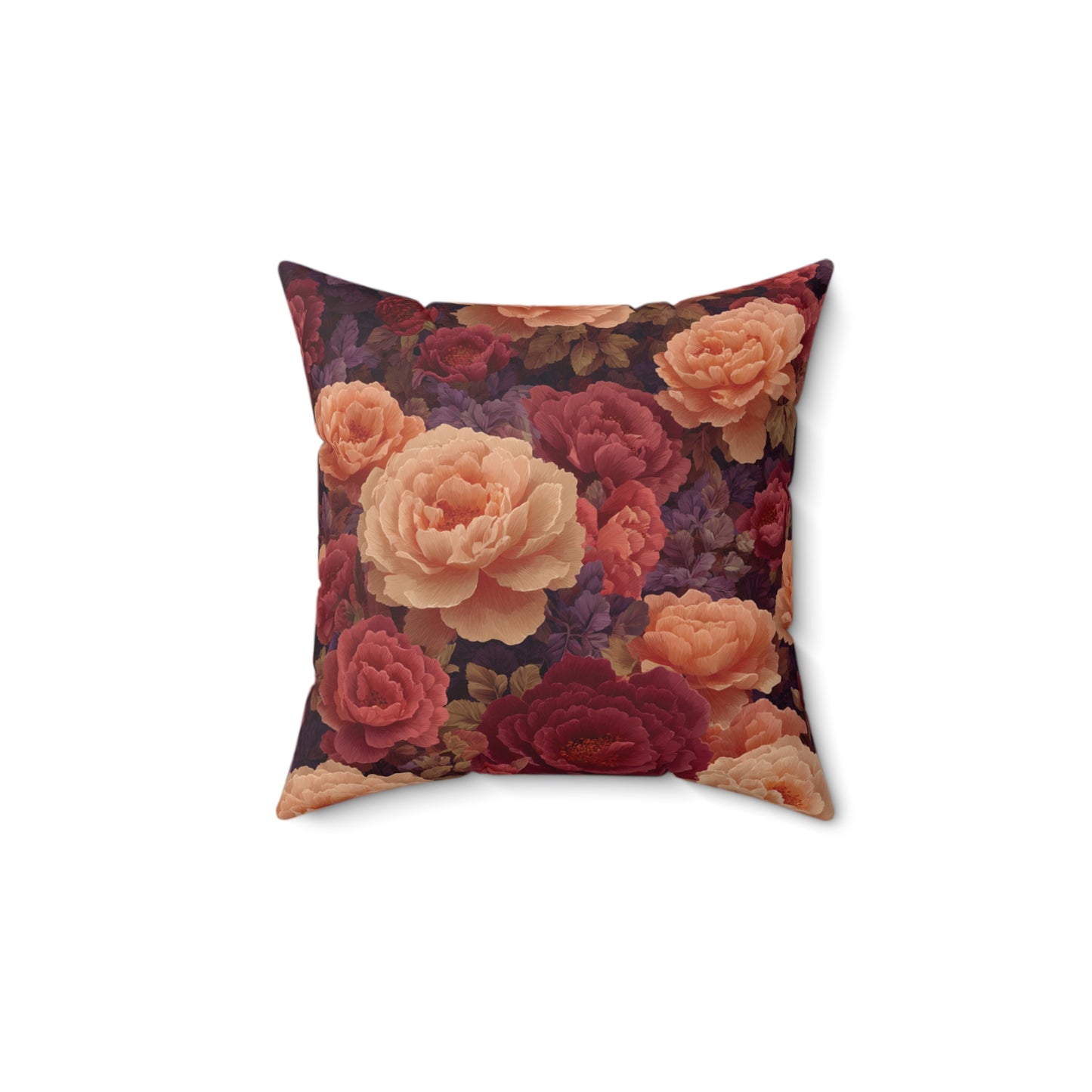 Vintage Rose Floral Pillow | Dark Burgundy Peach Garden Cushion