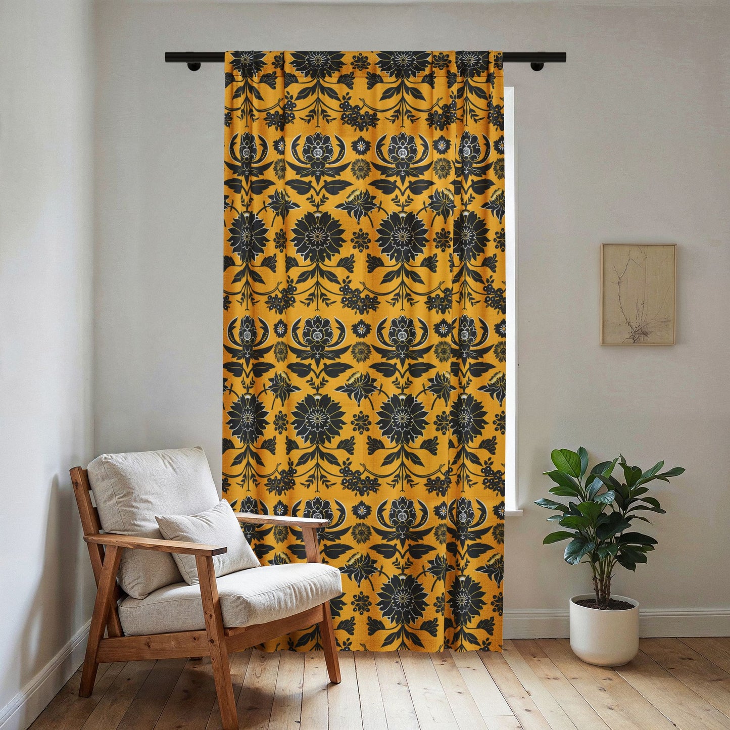 Black Floral Damask Sheer Window Curtain | Yellow Botanical Pattern