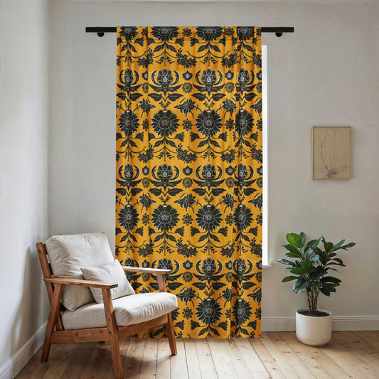 Black Floral Damask Sheer Window Curtain | Yellow Botanical Pattern