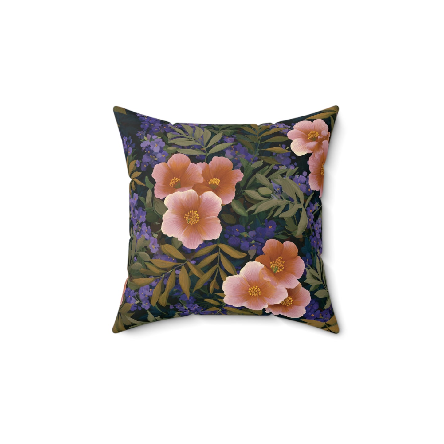 Peach Wildflower Pattern Pillow | Floral Botanical Throw Pillow, Dark Navy Background