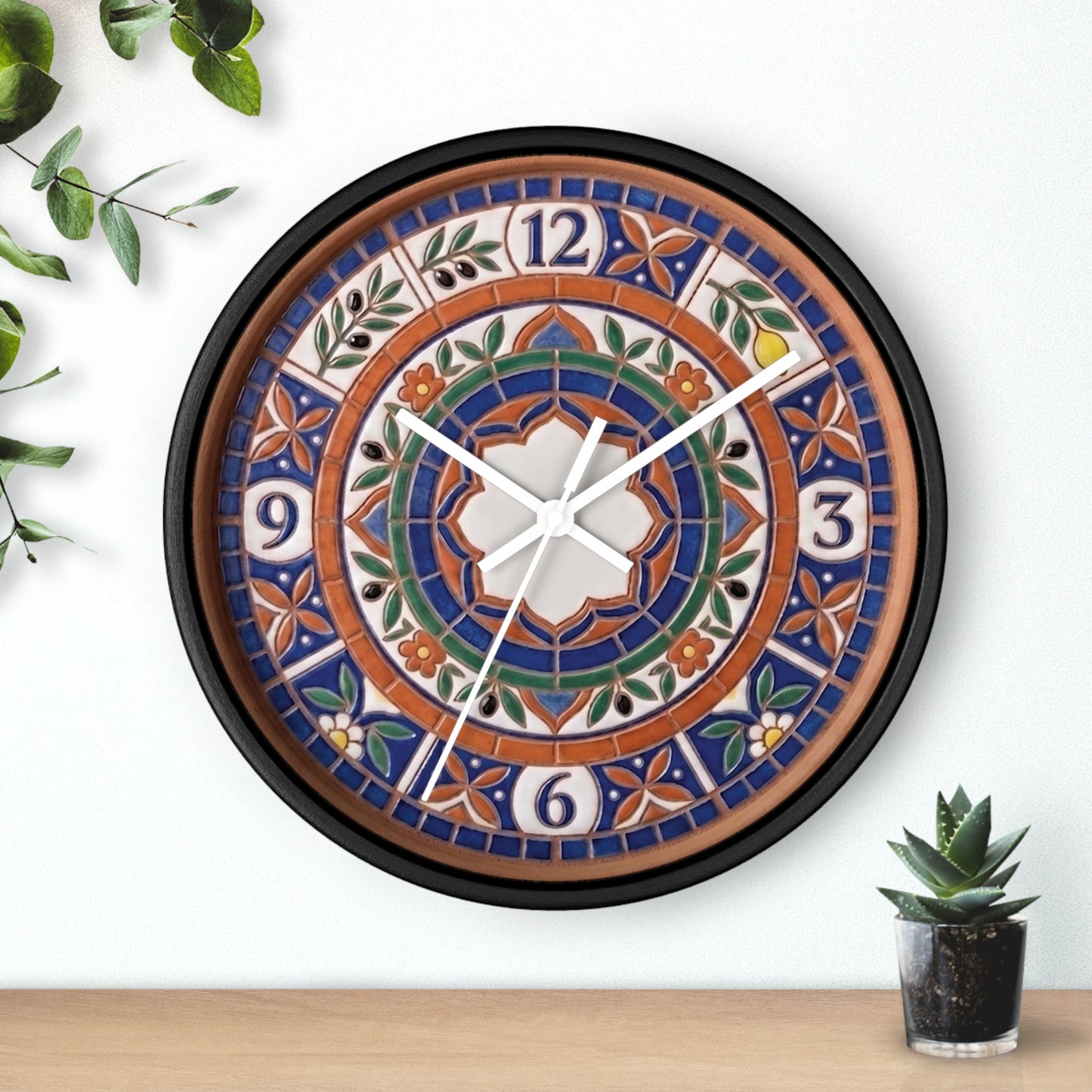 Mediterranean Mosaic Style Wall Clock - Terracotta Azure Blue Floral Faux Tile Botanical Decor