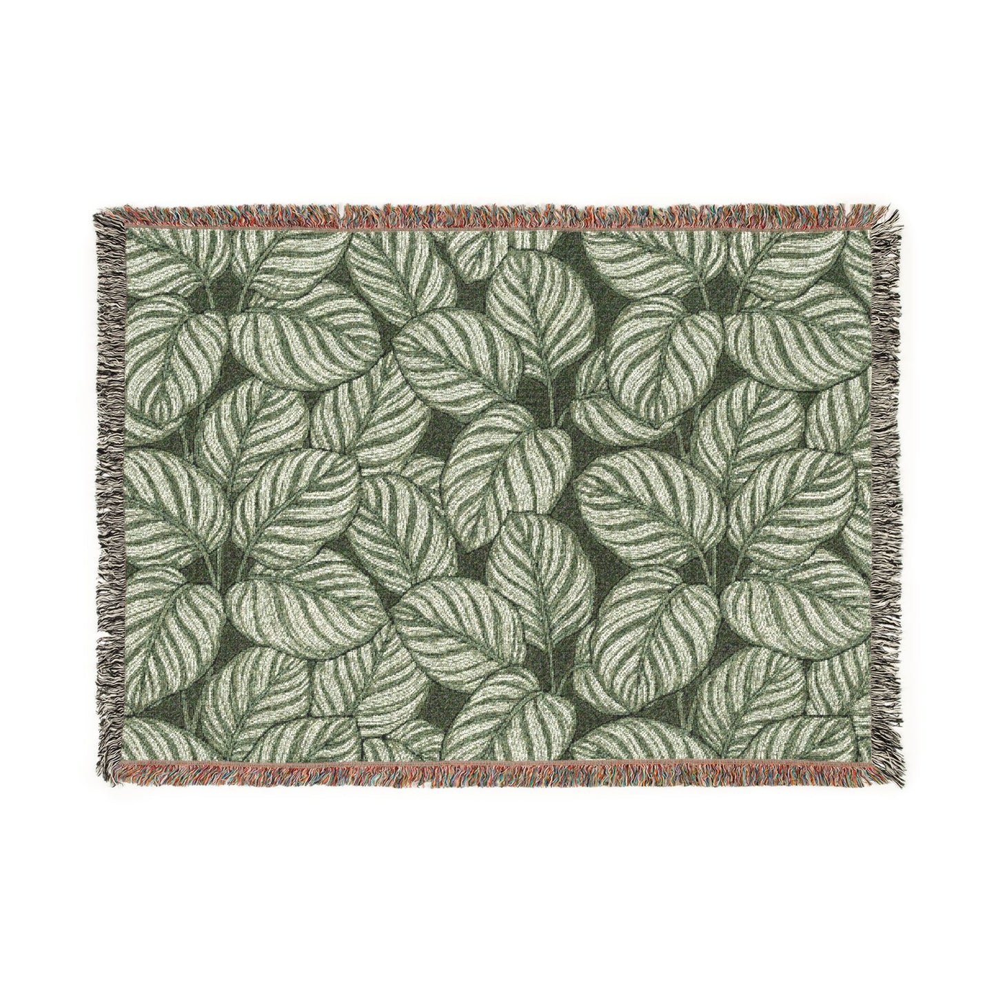 Green Leaf Calathea Orbifolia Pattern Woven Blanket | Botanical Throw, Fringe Edge