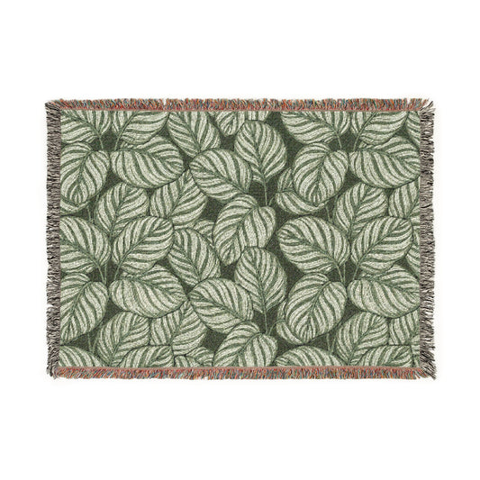 Green Leaf Calathea Orbifolia Pattern Woven Blanket | Botanical Throw, Fringe Edge