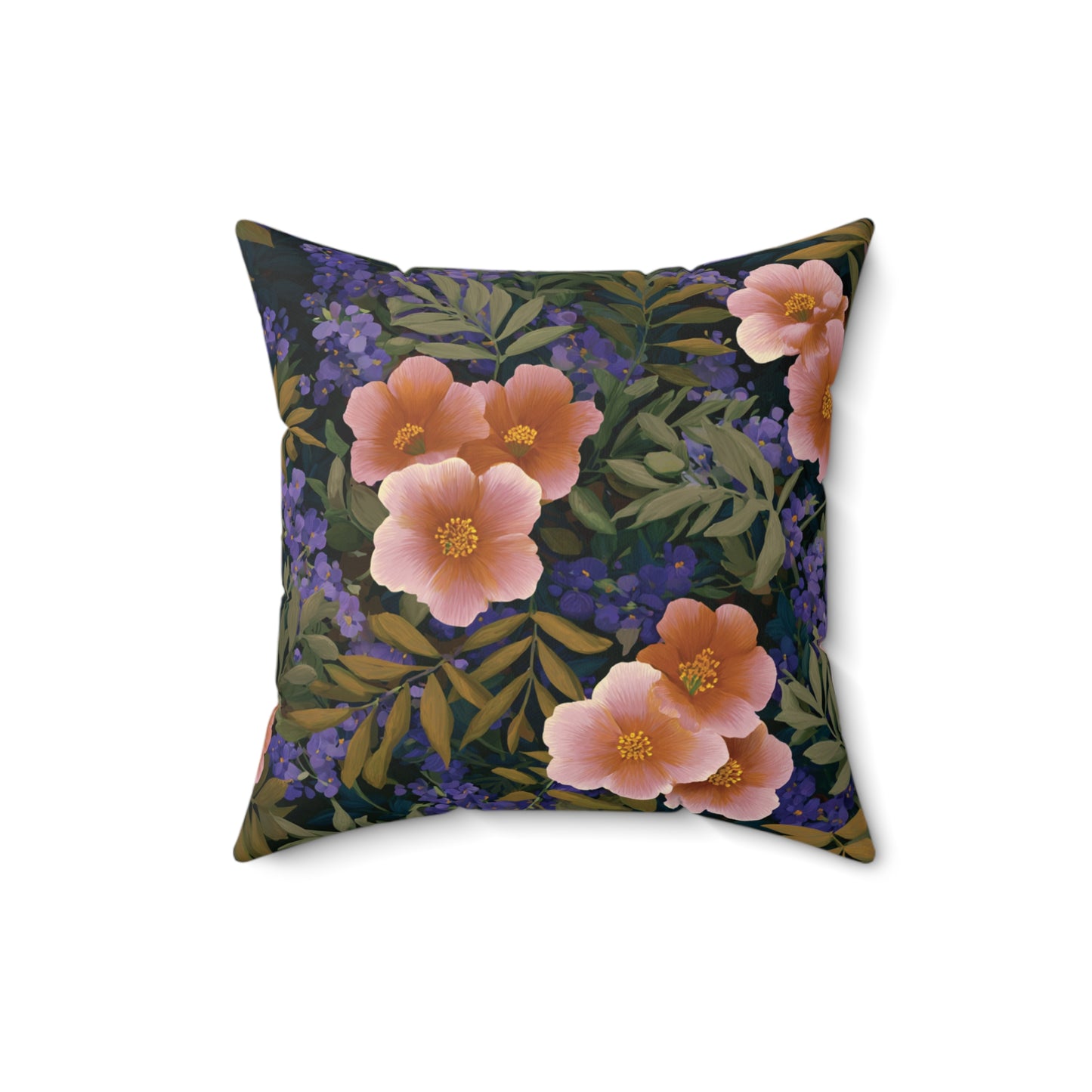 Peach Wildflower Pattern Pillow | Floral Botanical Throw Pillow, Dark Navy Background