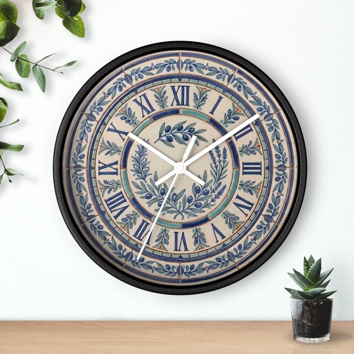 Blue Olive Wreath Wall Clock | Roman Numerals, Ceramic Tile Style